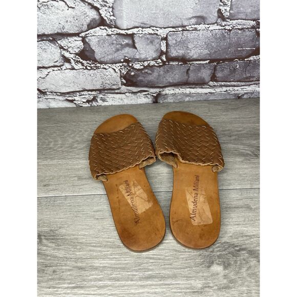 almudena miliani Brown Leather Woven Slide Sandals Women Sz 9M US/40EU - Picture 12 of 16